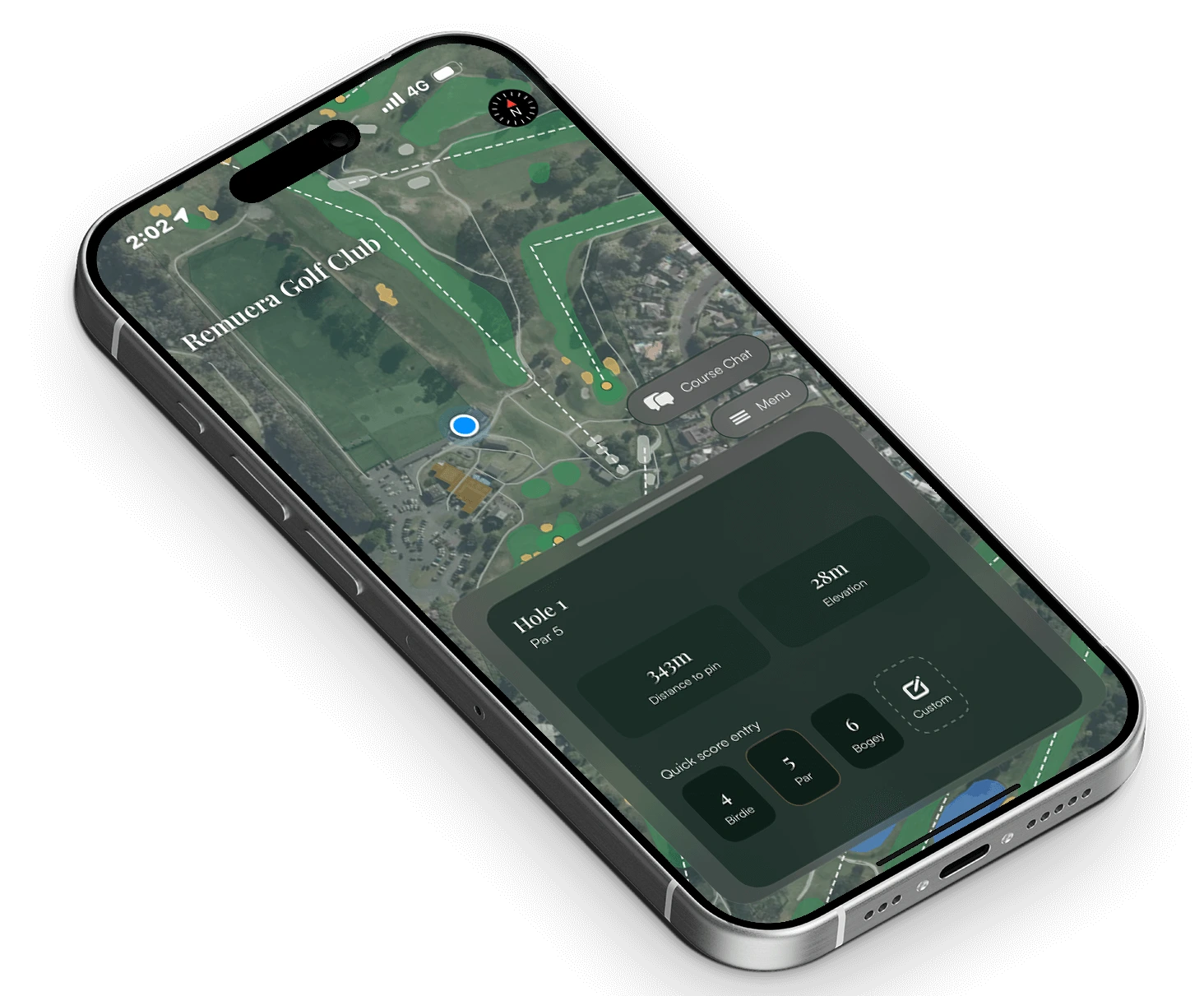 WayFairer app render showing live round tracking